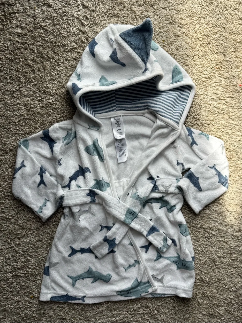 Carter’s Just One You Shark Hooded Bath Robe Baby Size 0-9M Blue Gray